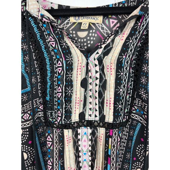 Democracy Sheer Black Blue Boho Print Chiffon Tassel Western Blouse 1X - Picture 4 of 11
